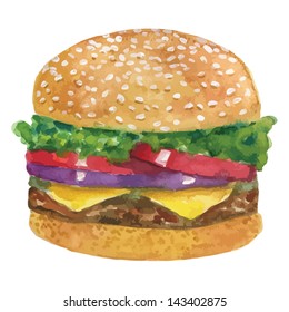 Watercolor hand drawn vector isolated tasty big burger