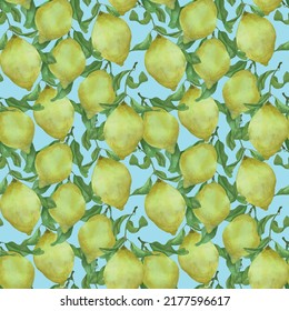 Watercolor hand drawn vector pattern, background, wallpaper, seamless with yellow lemons and leaves