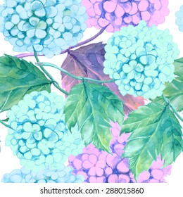 Watercolor hand drawn vector seamless floral pattern with beautiful  garden blue and purple hydrangea