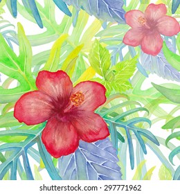 Watercolor hand drawn vector seamless background  with red flowers and dark green and light green leaves on white