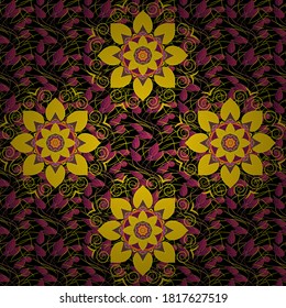 Watercolor, hand drawn. Vector stock. Flowers on black, purple and yellow. Seamless background pattern.
