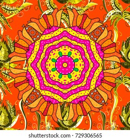 Watercolor, hand drawn. Vector - stock. Seamless background pattern. Flowers of the valley on orange, yellow and magenta colors.