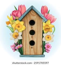 Watercolor hand drawn vintage birdhouse with flowers