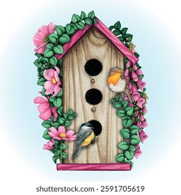 Watercolor hand drawn vintage birdhouse with flowers