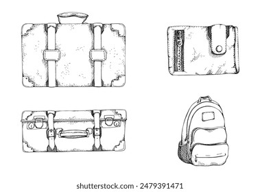 Watercolor hand drawn vintage illustration. Tourist accessories backpack rucksack bag, vintage suitcases, money wallet purse with zipper. Tourism, travel, brochure, wedding, guide, print, card tattoo.