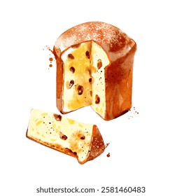 Aquarela mão desenhada vintage esboço italiano panettone comida. Ilustração vetorial 