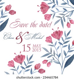 Watercolor hand drawn wedding invitation card  pastel flower pink and blue