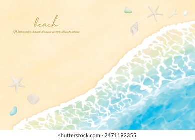 
Watercolor hand drawn white sand beach and blue sea background illustration