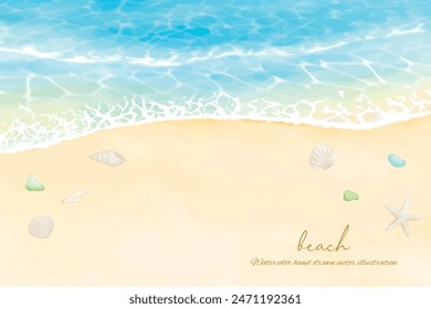 
Watercolor hand drawn white sand beach and blue sea background illustration