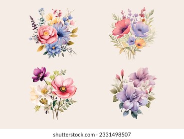 Watercolor hand drawn wild Flower Clipart Set Floral vector illustrations Simple Elegant Designs, Wallpapers individual elements wreaths, wedding invitations, anniversary, birthday, postcard greetings