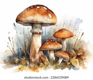 Watercolor hand drawn wild forest mushrooms porcini handdrawn illustration isolated on white background in boho style
