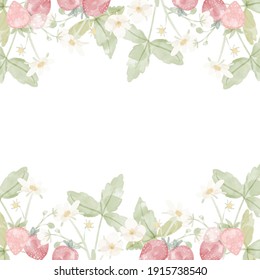 watercolor hand drawn wild strawberry square banner digital painting