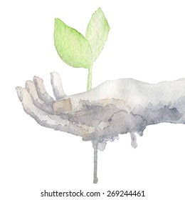 Watercolor Hand holding plant. Vector eps10