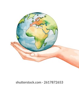watercolor A hand holding a small globe illustration	