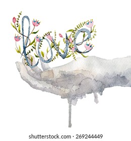 Watercolor Hand holding word love made of letters with flora elements. Vector eps10