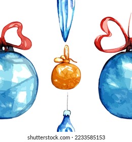 Watercolor hand made seamless pattern Christmas symbol holly leaves, Christmas tree toys with cones, stars and balls. Happy new year 