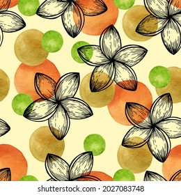 Watercolor hand made vector seamless pattern on isolated background with graphic flowers and watercolor circles for print, fabric, wrapping paper, notebook covers, notepads and other stationery