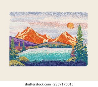 Watercolor hand paint landscape. Van Gogh style. Mountain mosaic print for wall decoration. Adventure at the mountain graphic artwork for t shirt and others. Mountain with tree retro print design.