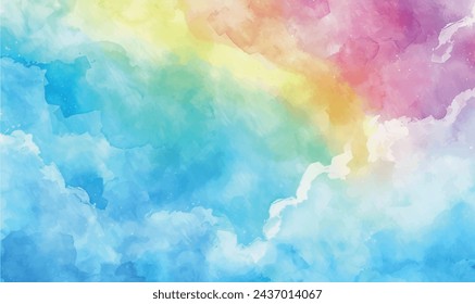 watercolor hand painted background pink blue yellow rainbow in sky