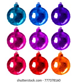 Watercolor hand painted christmas balls, design elements. Artistic background. Vector illustrarion.