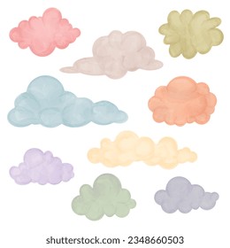 Watercolor hand painted cloud set isolated on white. Vector illustration.