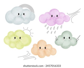 Watercolor hand painted cloud set isolated on white. Weather concept. Cloud with doodle sun, rainbow, lightning, rain and wind signs. Vector illustration.