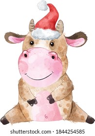 Watercolor hand painted cow, happy new year symbol ox 2021