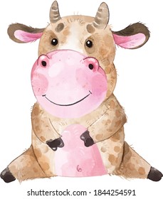Watercolor hand painted cow, happy new year symbol ox 2021