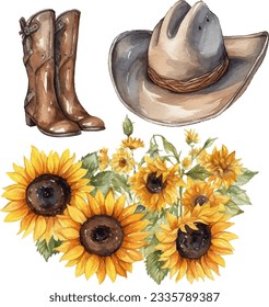 Watercolor hand painted cowboy hat and boot and sunflowers