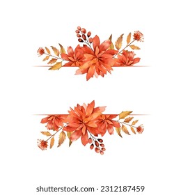 Watercolor hand painted flower frame, Blossoms collection, autumn leaves and branches with square borders for wedding invitations, save the date or greeting cards vector illustration