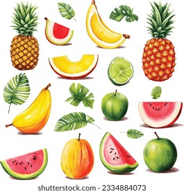 Watercolor hand painted fruit set pineapple, banana, pomegranate, mango, cherry, watermelon and tropical fruits on white background.