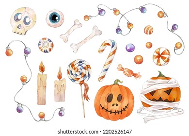 Watercolor hand painted Halloween clip art. Pumpkin, candy, bones, garland, candles, magic vector illustration. Use it for postcard, scrapbooking or invitation.