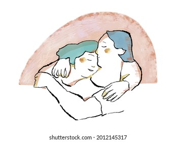 Watercolor Hand Painted Illustration, Hugging Lesbian Couple, Gender, Sisterhood, Reassuring, Smiling, Homosexuality