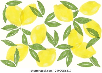 Watercolor Hand Painted Lemons Pattern Background. Spring, Summer Concept Background. Summer card with lemon branch. Design elements with citrus fruits