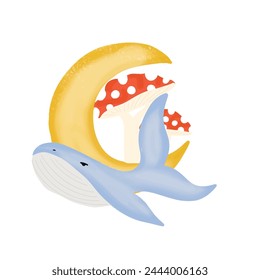 watercolor hand painted moon whale dream child
