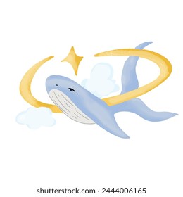 watercolor hand painted moon whale dream child