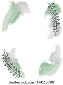 Watercolor hand painted nature graphic illustration with green and grey brush strokes and black contour branch composition on the transparent background for card design