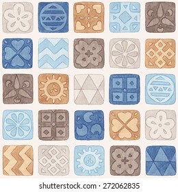 Watercolor hand painted pattern. Tracing vector background with mosaic tiles in blue and beige colors. 