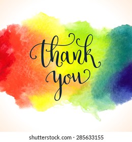 Watercolor Hand Painted Rainbow Background, Thank You Card Template. Vector Illustration