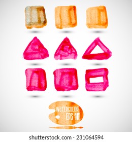 Watercolor hand painted random shape design elements. Square, triangle, rectangle. 