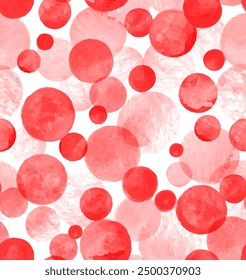 Watercolor hand painted red circles collection on white background. Seamless abstract painting. Polka dot pattern.