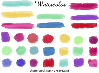 Watercolor hand painted shapes design elements. Set of multicolored watercolor dots and grunge stroke set.