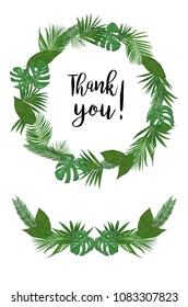 Watercolor hand painted tropical frame. Vector Circle frame with the palm leaves. Background with tropical foliage. Greenery. Monstera, sago, philodendron, areca, howea, diffenbachia
