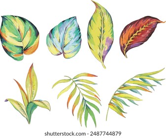 Watercolor hand painted tropical leaves material