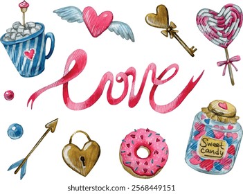 Watercolor hand painted Valentine's Day love set. Illustration isolated on white background. Arrow, donut, key, candy. Use it for postcards, invitations, and scrapbooking.