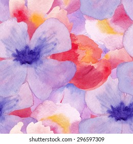 Watercolor hand painted vector seamless pattern background  with primitive colored blue and red flowers