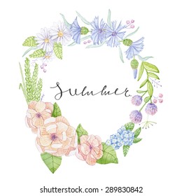 Watercolor hand painted wreath of flowers, cornflowers, rye, daisies, clover, forget-me, berries. Watercolor wedding invitation and registration. Floral frame. Watercolor background with flowers.