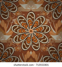 Watercolor hand painting of abstract beige, brown and orange flowers, seamless pattern vector background.