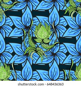 Watercolor hand painting of abstract blue and pink flowers, seamless pattern vector background.