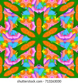 Watercolor hand painting of abstract orange, green and blue flowers, seamless pattern vector background.